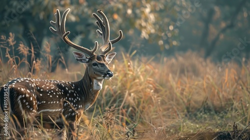 big antler male spotted deer or chital or axis deer or axis axis in wild natural green scenic background in winter outdoor wildlife safari at dhikala jim corbett national park forest u : Generative AI photo
