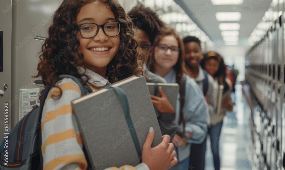 Diverse group of joyful students with books smiling in a school hallway, showcasing the energy and camaraderie of school life. Diverse group of joyful students with books smiling in a school hallway, showcasing the energy and camaraderie of school life.