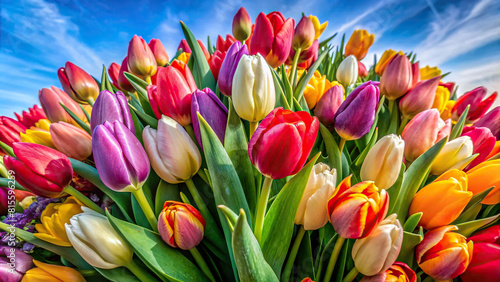 A creative perspective on a bouquet of tulips  emphasizing the transition from vibrant blooms to wilting flowers.
