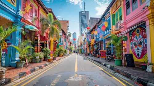 Singapore's vibrant shophouses along a colorful street. photo