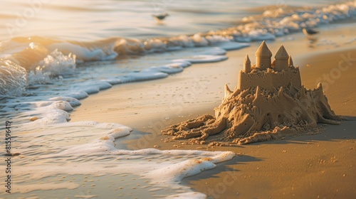 Château de sable embrassé par les vagues du matin photo