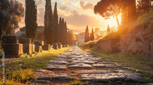 The ancient Appian Way, lined with cypress trees, leads to the gates of Rome. photo