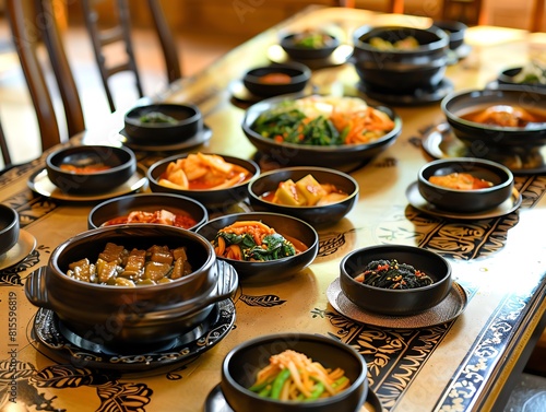 Korean royal cuisine set with sinseollo, colorful jeon, and garnished jangjorim on a lacquered table photo