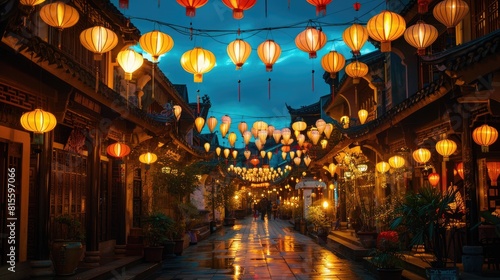 The colorful lanterns illuminate the ancient street in the evening.