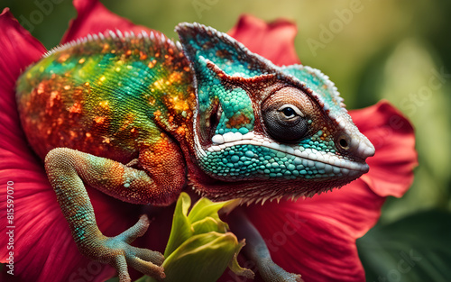 Camouflaged chameleon on a vibrant hibiscus flower  close-up with detailed texture of its skin. Colorful and intriguing