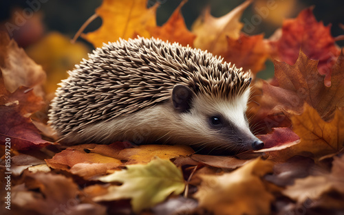 Charming hedgehog on a colorful autumn leaf pile  cozy and cute with soft evening light
