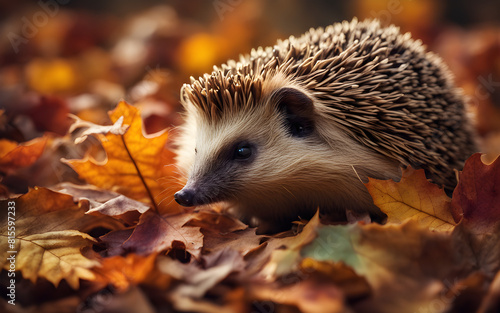 Charming hedgehog on a colorful autumn leaf pile  cozy and cute with soft evening light