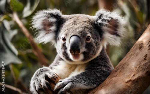 Charming scene of a koala clinging to a eucalyptus tree  its fuzzy ears and sleepy eyes a delightful sight
