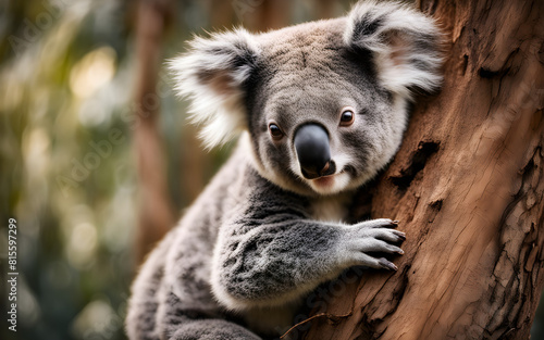 Charming scene of a koala clinging to a eucalyptus tree, its fuzzy ears and sleepy eyes a delightful sight