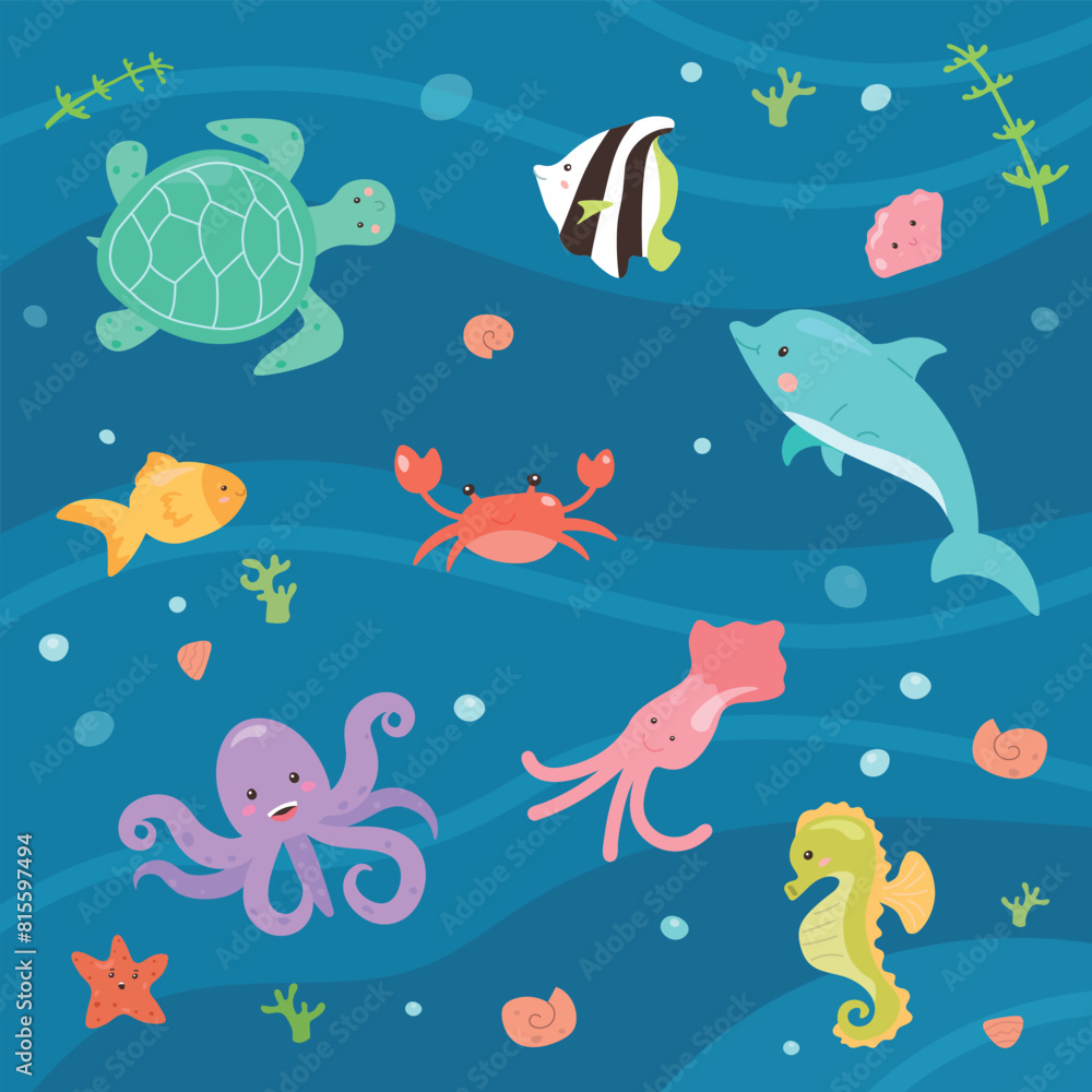 Vector collection of sea creatures in flat style. Sea life. Wednesday. Pisces in cute style. Life of sea inhabitants. Vector collection of sea creatures in flat style. Sea life. Wednesday. Pisces in cute style. Life of sea inhabitants.