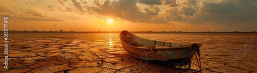 A boat sits on the shore of a lake as the sun sets behind it. The sky is ablaze with color, and the water is calm and still. The scene is peaceful and serene.