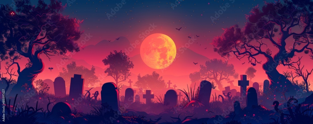 A paranormal scene depicting a haunted graveyard at midnight, with spectral figures rising from their graves to dance beneath the light of the full moon.   illustration.