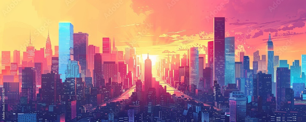 A retro-futuristic metropolis pulsating with life and energy, where towering skyscrapers and bustling streets are alive with the hum of technology.   illustration.