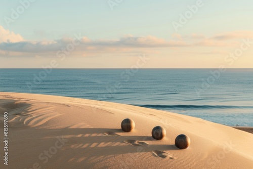 Pétanque de plage : boules sur une plage à l'heure dorée photo