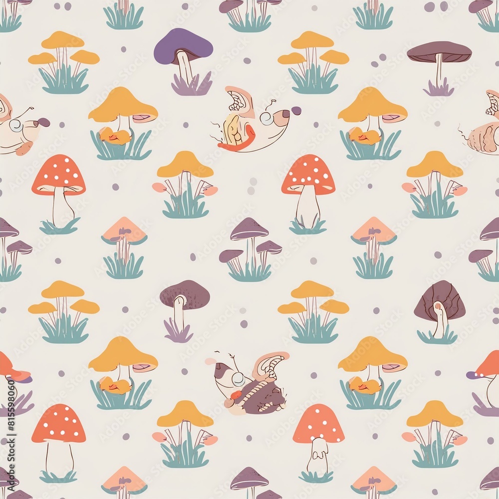 a seamless pattern featuring various species of mushrooms and fungi, paired with wood a seamless pattern featuring various species of mushrooms and fungi, paired with wood
