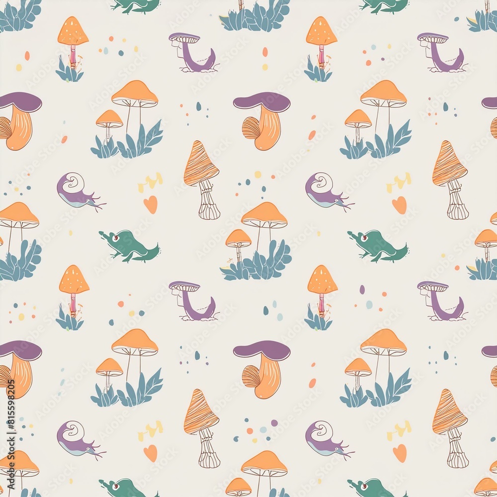 Fototapeta premium a seamless pattern featuring various species of mushrooms and fungi, paired with wood