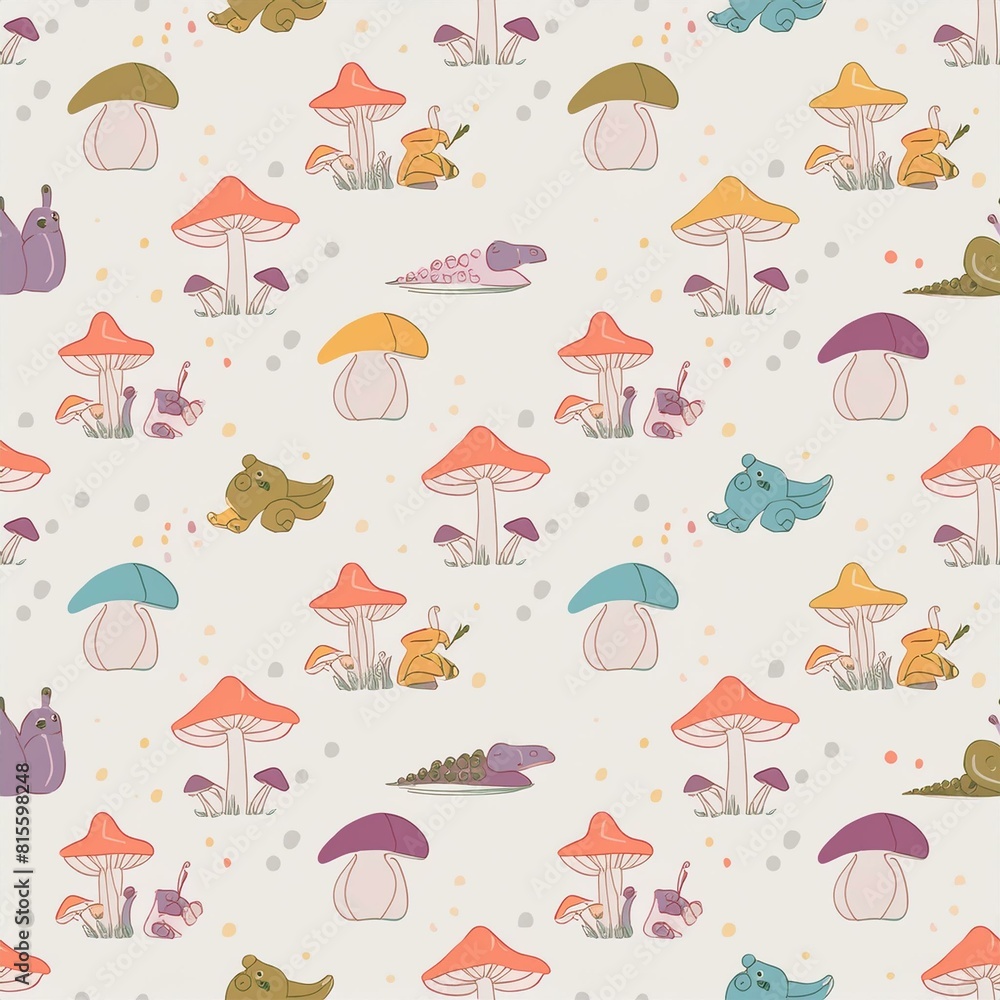 a seamless pattern featuring various species of mushrooms and fungi, paired with wood a seamless pattern featuring various species of mushrooms and fungi, paired with wood