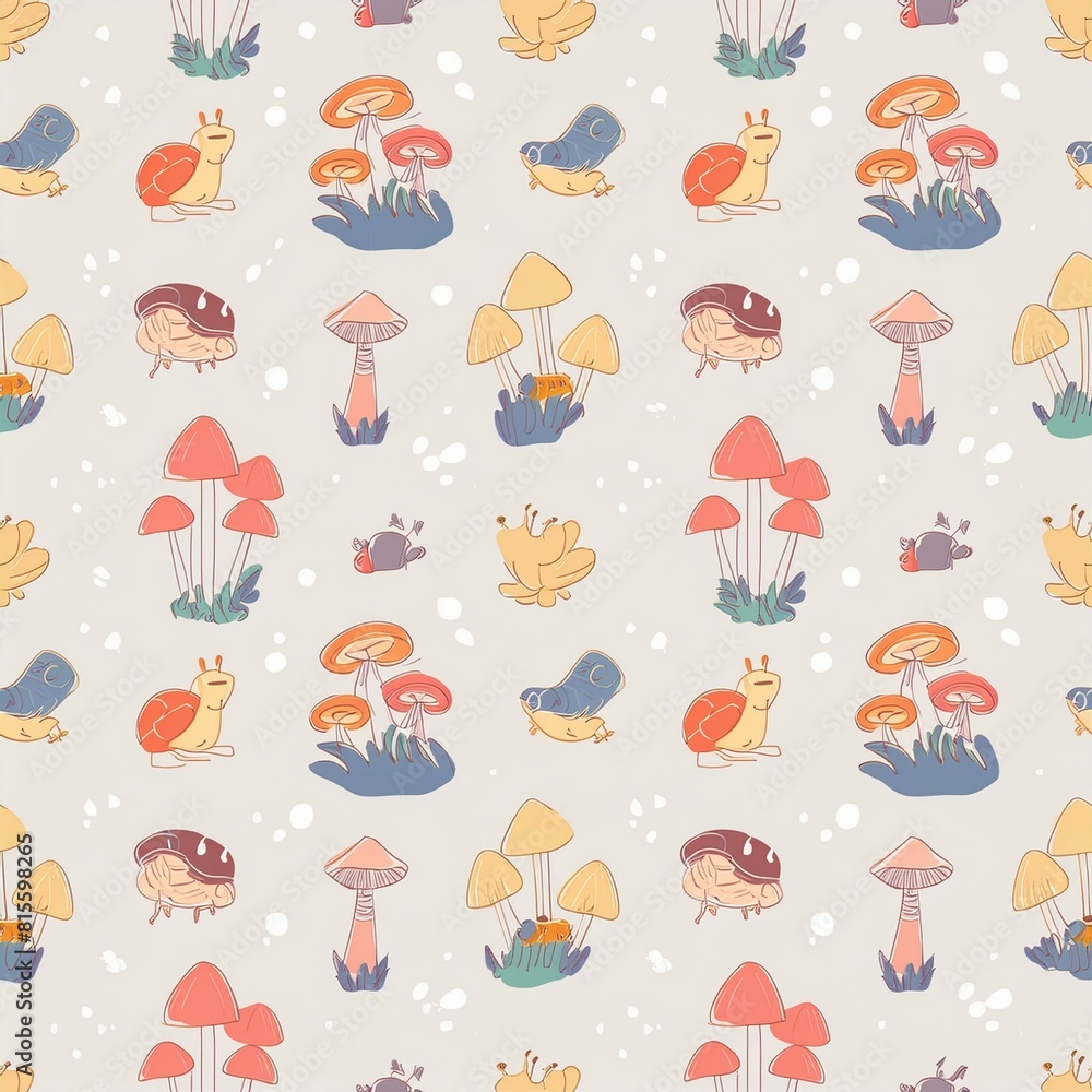 a seamless pattern featuring various species of mushrooms and fungi, paired with wood