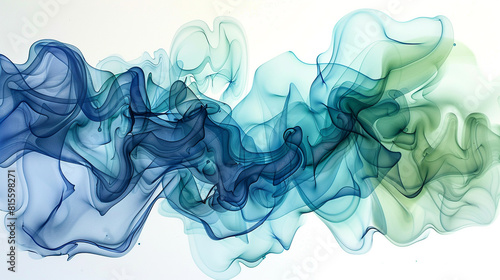 Layers of translucent  overlapping shapes in shades of blue and green  forming an intricate and complex abstract composition on a white background.
