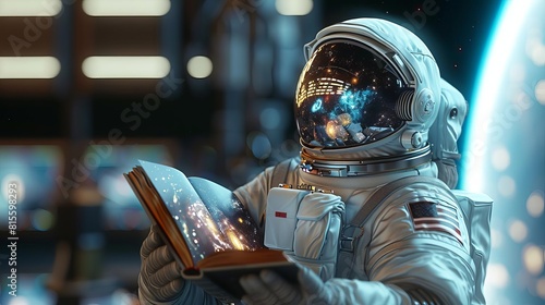 A highdetail 3D render of an astronaut in a space suit, holding a book with a reflective cover showing the vast universe