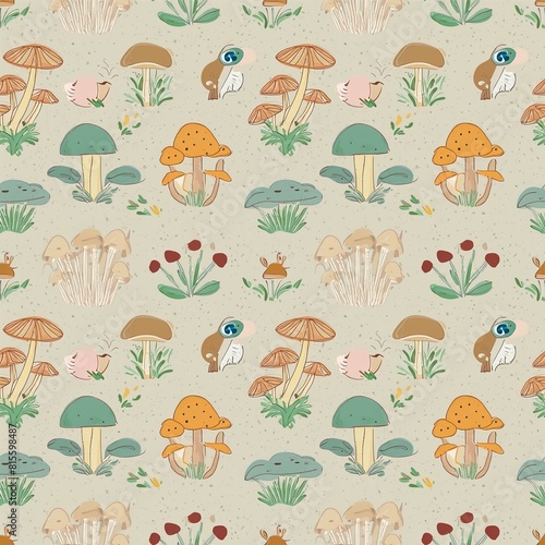 a seamless pattern featuring various species of mushrooms and fungi, paired with wood