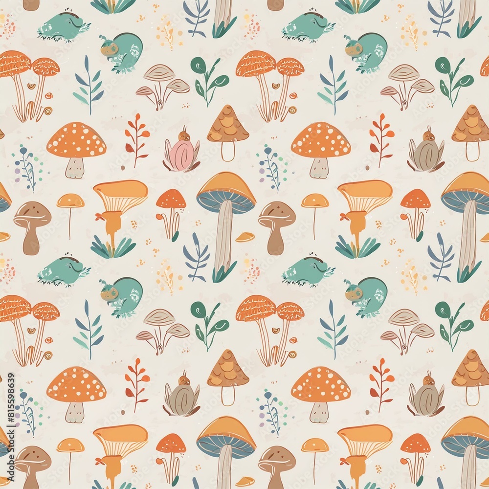 a seamless pattern featuring various species of mushrooms and fungi, paired with wood