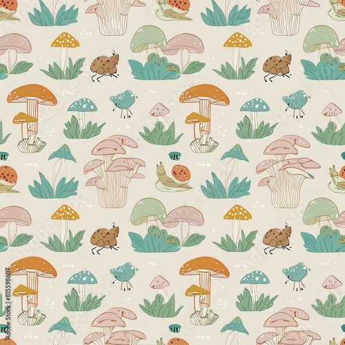 a seamless pattern featuring various species of mushrooms and fungi  paired with wood
