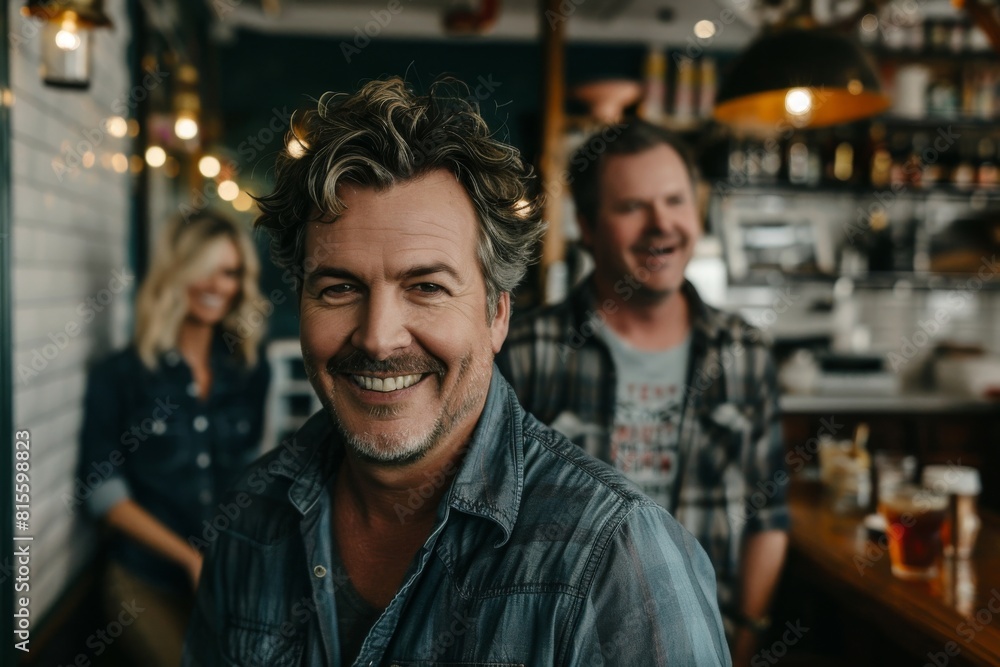 Handsome middle-aged man smiling and looking at the camera while standing in a pub. Handsome middle-aged man smiling and looking at the camera while standing in a pub.