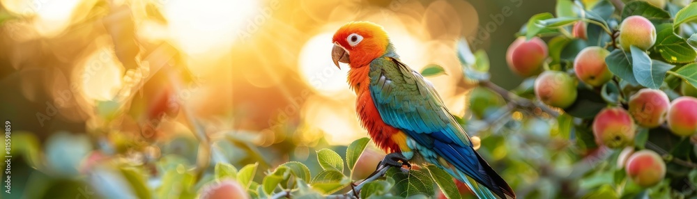 Fototapeta premium A parrot sits on a branch in a tree full of apples. The parrot is looking at the camera. The background is blurry and yellow-colored.