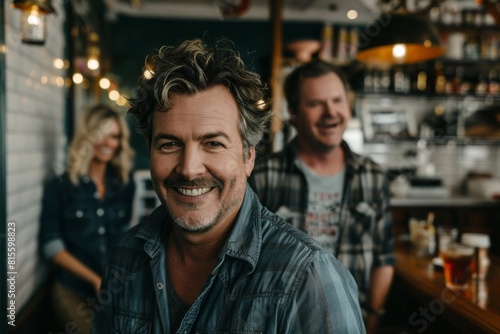 Handsome middle-aged man smiling and looking at the camera while standing in a pub.