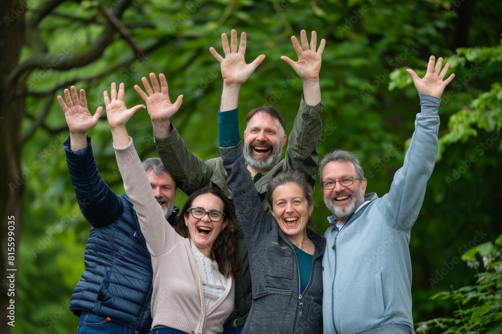 Group of senior friends standing together and raising their hands in the park Group of senior friends standing together and raising their hands in the park