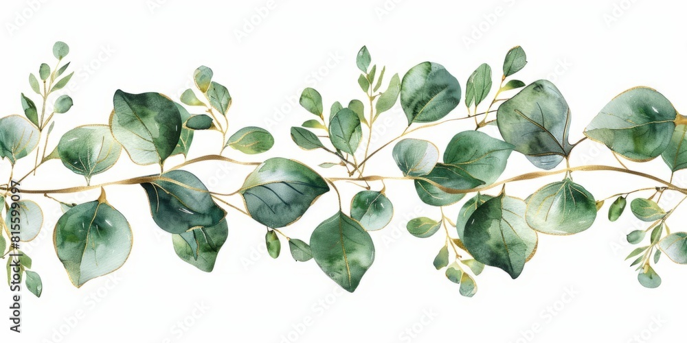 Watercolor bouquet of leaves and eucalyptus branch with gold. Botanical ...