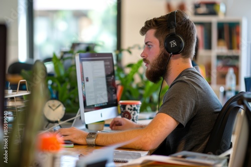 copywriter typing on a keyboard, typing on a computer in a white office. ai generated