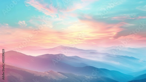 The image shows a beautiful mountain landscape with a vibrant sky. The colors are pink, blue, and purple. #815599639
