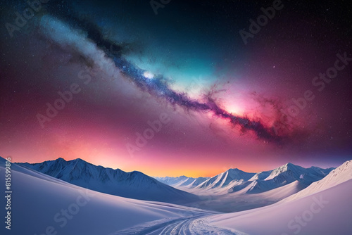 Fantastic starry sky over snowy mountains. 3d rendering