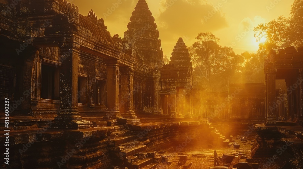 Fototapeta premium The majestic Angkor Wat temple complex in Siem Reap, Cambodia is bathed in the warm glow of the setting sun.