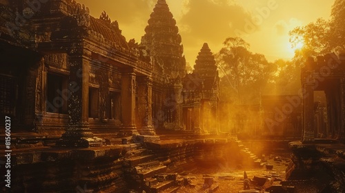 The majestic Angkor Wat temple complex in Siem Reap, Cambodia is bathed in the warm glow of the setting sun. photo