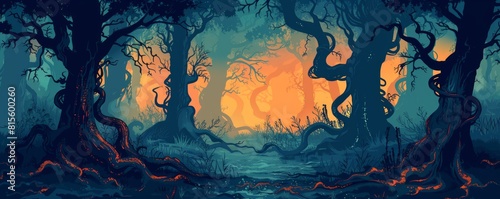 An enchanted forest where ancient trees walk and talk, their gnarled roots twisting through the earth like serpents.   illustration. © Coosh448