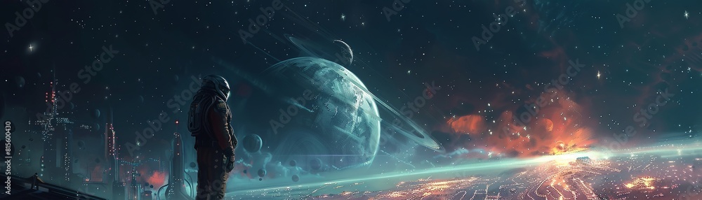 Fototapeta premium Astronaut artist creating a high-detail 8K painting of a distant advanced metropolis in space