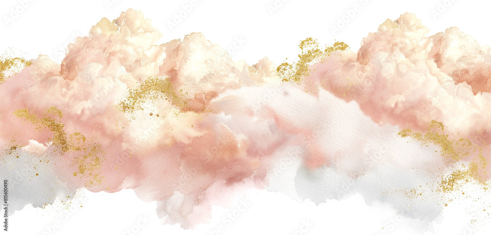 Ethereal blush & gold watercolor clouds on white. Ethereal blush & gold watercolor clouds on white.