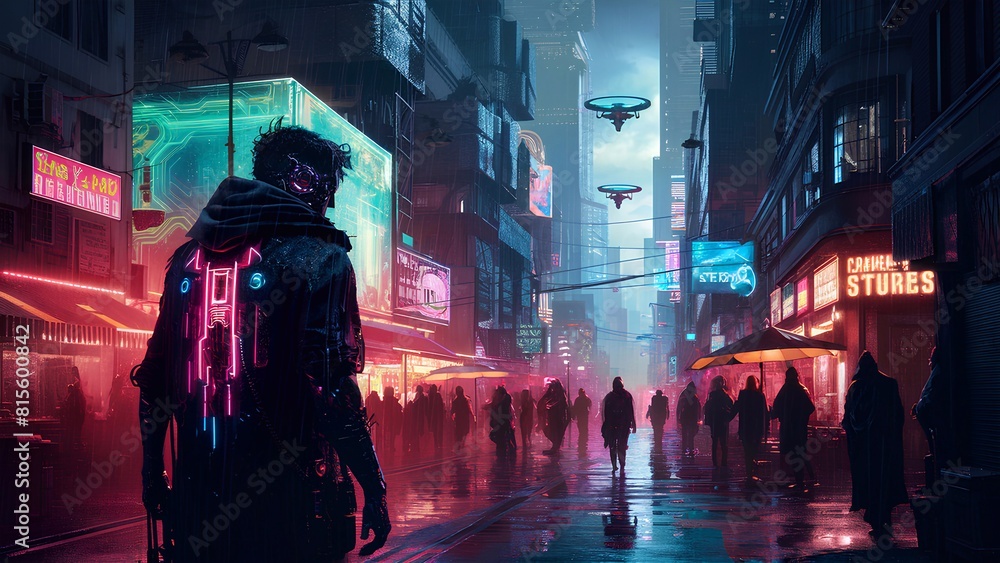 people in the night, The image depicts a cyberpunk-style futuristic city street, with neon signs, flying drones, and a mysterious hooded figure in the foreground amidst a rainy, crowded cityscape.