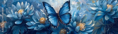 Blue Butterfly on a bed of blue and purple flowers. photo