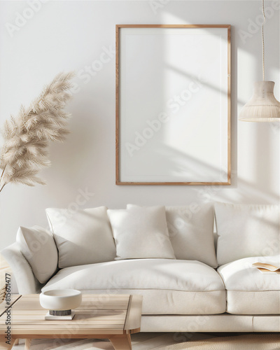 Mock up poster frame on the wall in living room interior  white couch  minimalist modern interior with 3d illustration. 