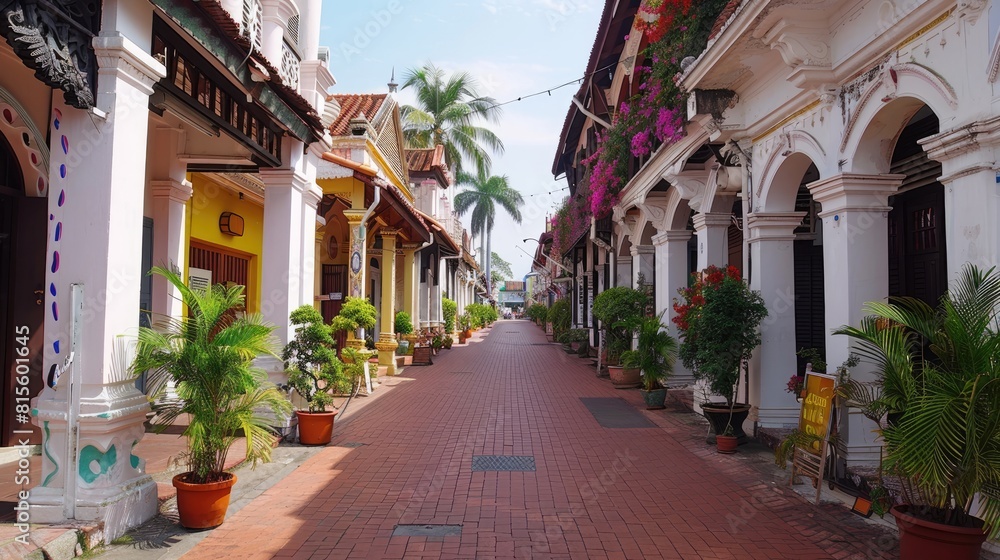 Fototapeta premium The photo shows a narrow street with colorful buildings on both sides