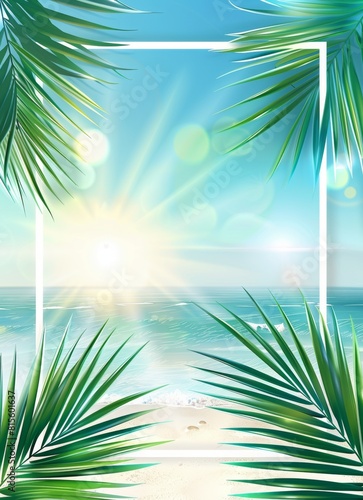 Summer background with sun  palm  sea and beach elements.