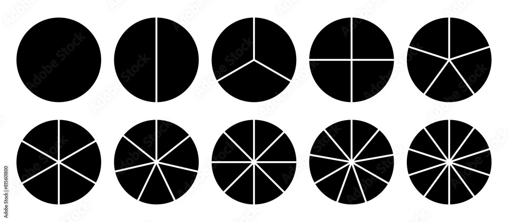 Infographic icons circles set divided radius in black and white color vector image. Segments of circle with 1 to 10 pieces. Black round diagram. Divided circle sections set. Infographic icons circles set divided radius in black and white color vector image. Segments of circle with 1 to 10 pieces. Black round diagram. Divided circle sections set.