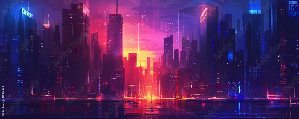 A dystopian cityscape cloaked in perpetual darkness, with towering skyscrapers and flickering neon lights casting eerie shadows on the deserted streets below.   illustration.