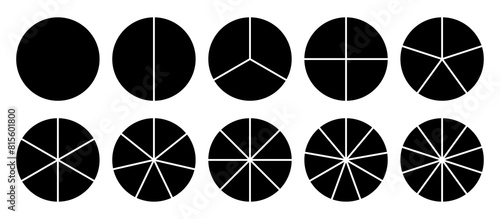 Infographic icons circles set divided radius in black and white color vector image. Segments of circle with 1 to 10 pieces. Black round diagram. Divided circle sections set.