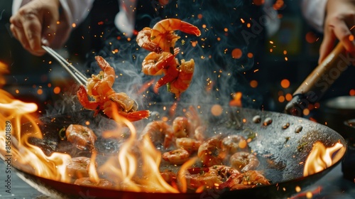 Closeup of chef throwing prawns from wok pan in fire. Fresh asian food preparation on dark background.