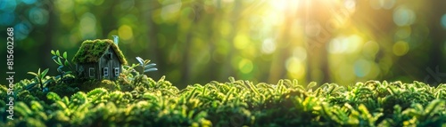 Close-up of lush green moss growing on the forest floor with a warm sunlit background. photo